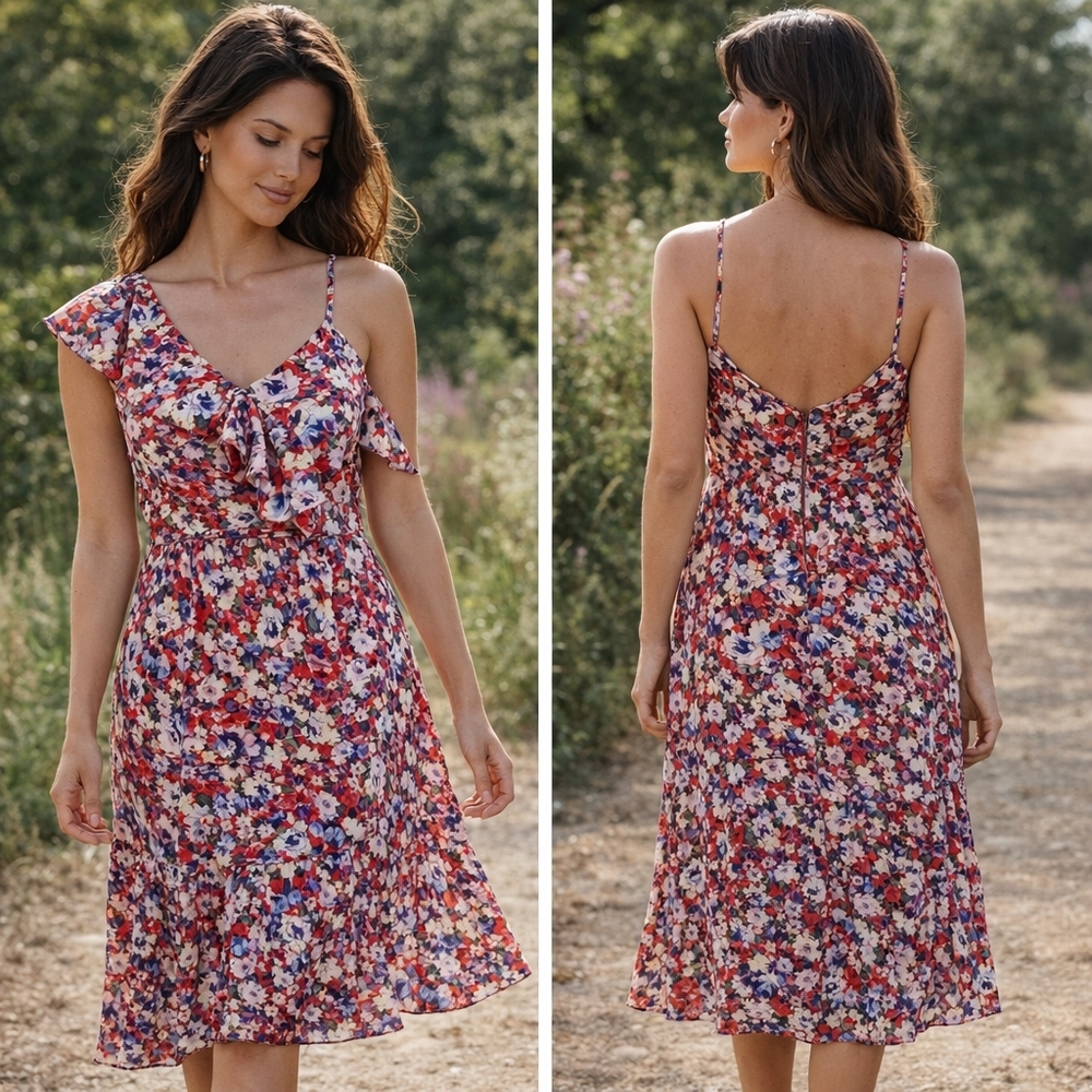 Boutique Floral One Shoulder Midi Dress XL | Cascading Ruffle Front | Lined Red